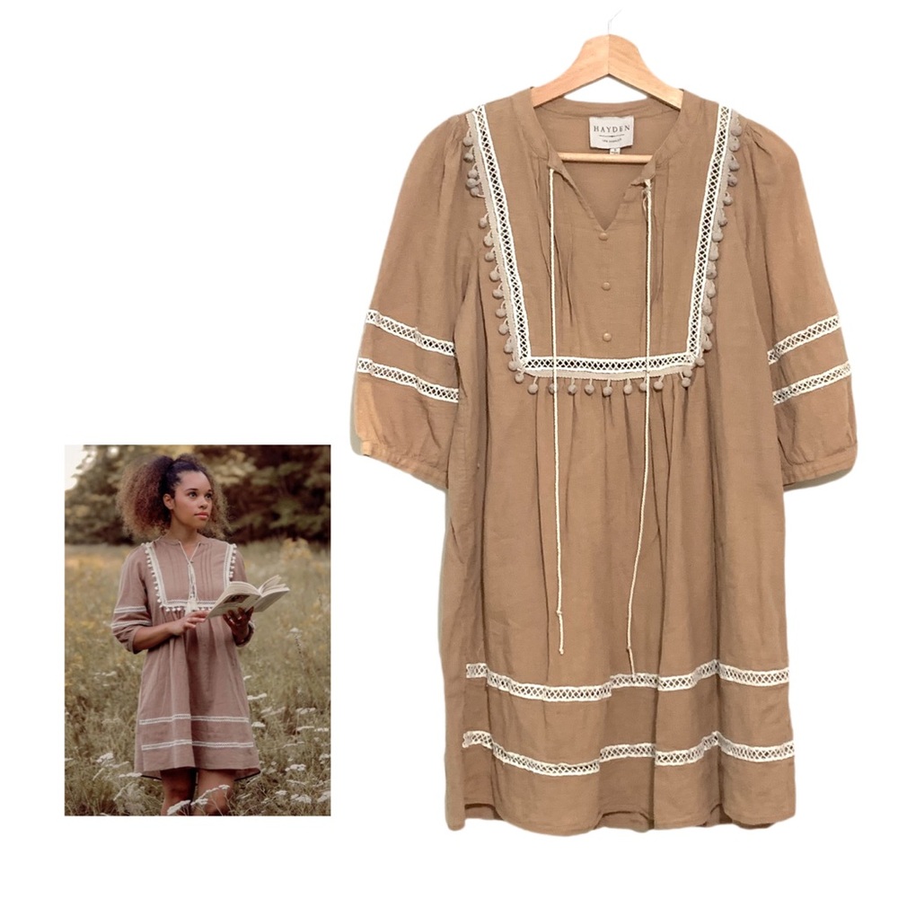 Hayden Tan Gauzy Boho Peasant Dress Size Small Babydoll Neutral Color
